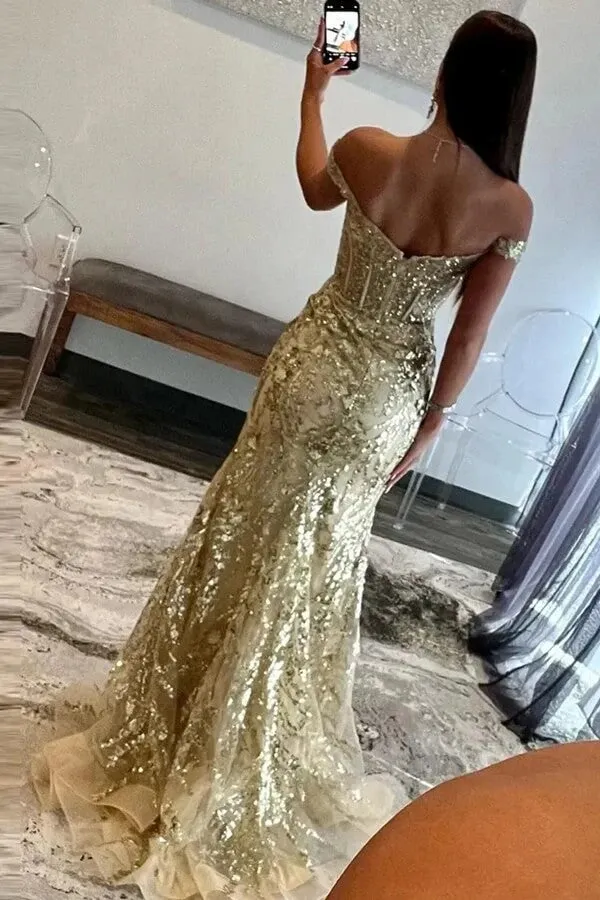 Sparkly Black Tulle Mermaid Off Shoulder Long Prom Dresses With Slit, MP1006
