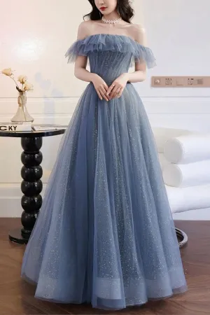Sparkly Gray Tulle Blue A-line Off-the-Shoulder Prom Dresses, Evening Gown, MP716