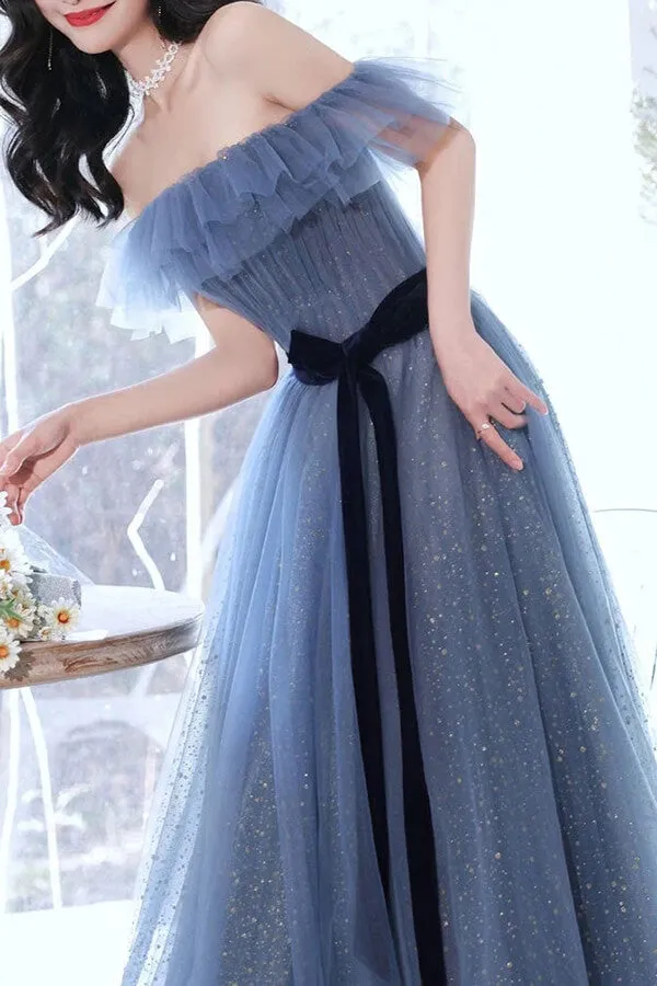 Sparkly Gray Tulle Blue A-line Off-the-Shoulder Prom Dresses, Evening Gown, MP716