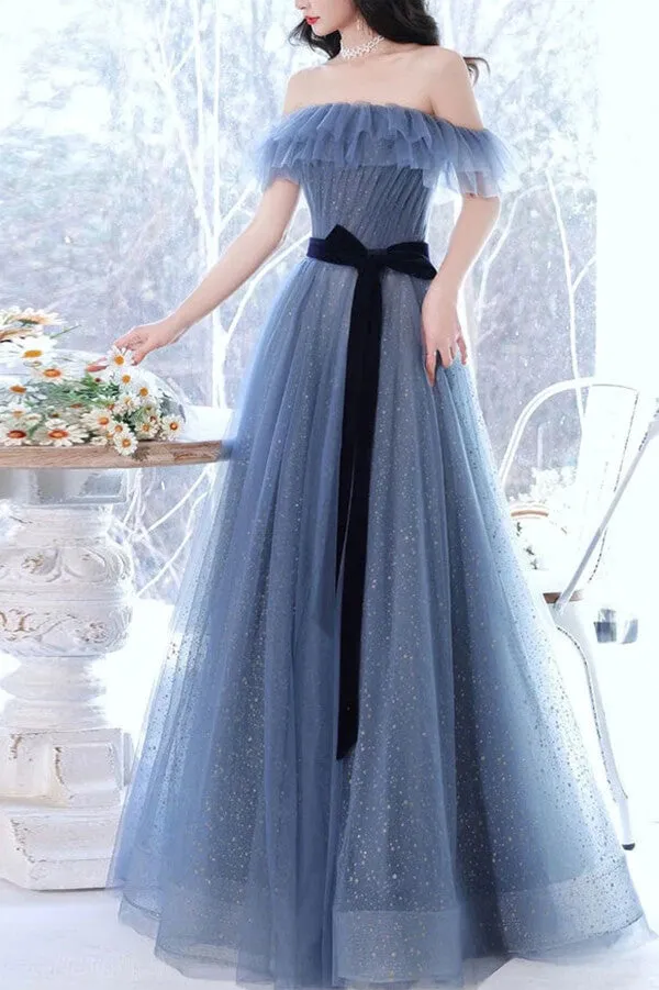 Sparkly Gray Tulle Blue A-line Off-the-Shoulder Prom Dresses, Evening Gown, MP716