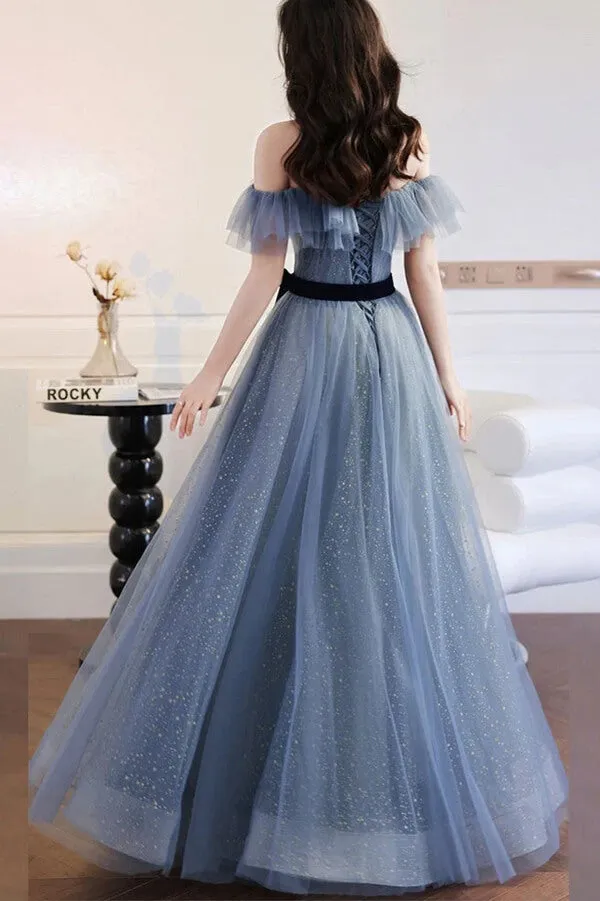 Sparkly Gray Tulle Blue A-line Off-the-Shoulder Prom Dresses, Evening Gown, MP716