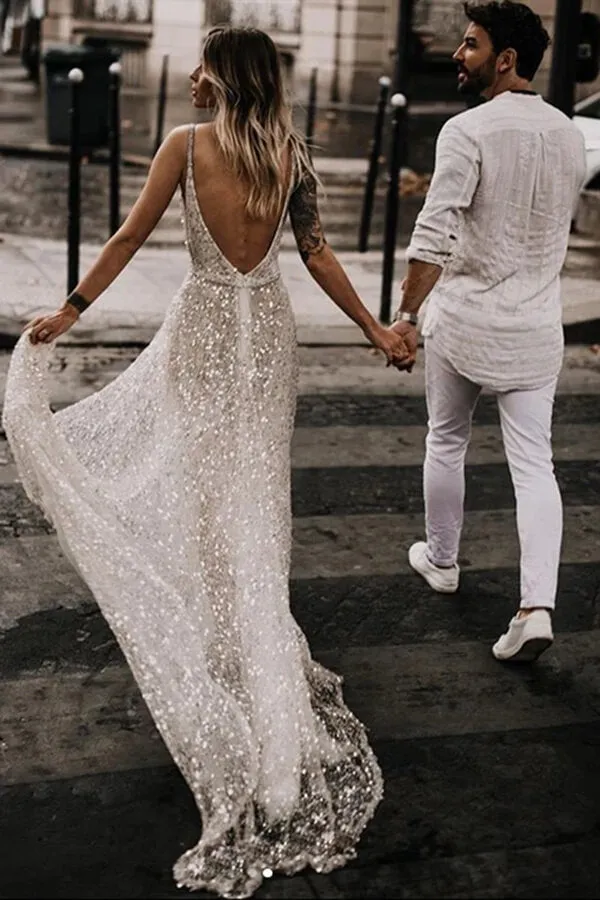 Sparkly Lace A-line Open Back Deep V-neck Beach Wedding Dresses, SW478