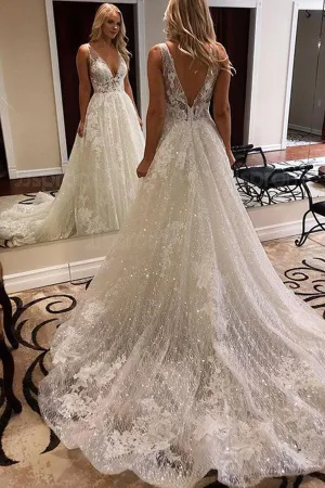 Sparkly Lace Ball Gown V-neck Open Back Wedding Dress with Appliques, SW333