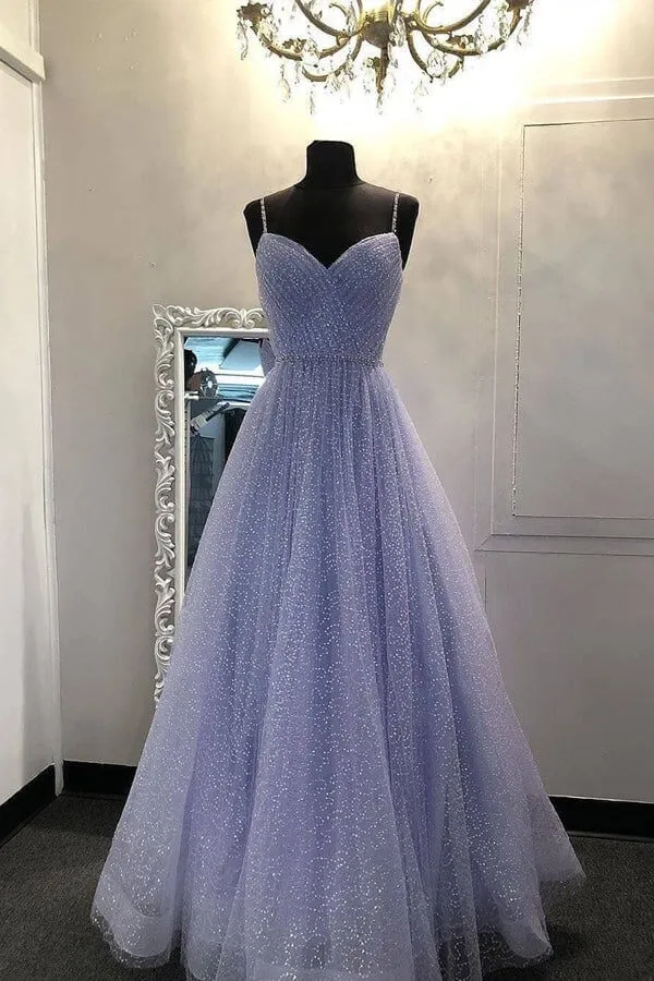 Sparkly Lilac Tulle A-line V Neckline Prom Dresses, Evening Dresses, MP721