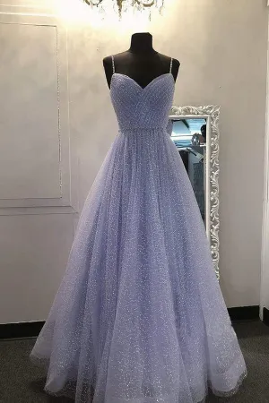 Sparkly Lilac Tulle A-line V Neckline Prom Dresses, Evening Dresses, MP721