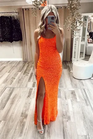 Sparkly Orange Sequins Mermaid Scoop Neck Prom Dresses With Side Slit, MP854