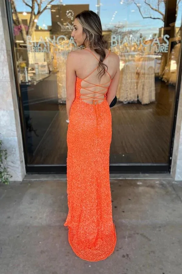 Sparkly Orange Sequins Mermaid Scoop Neck Prom Dresses With Side Slit, MP854