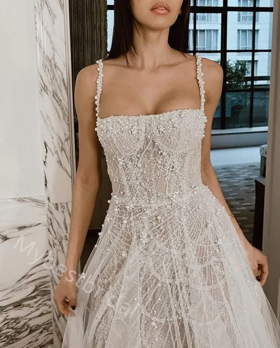 Sparkly Pearl  Square Sleeveless A-line  Wedding Dresses, WDY0340