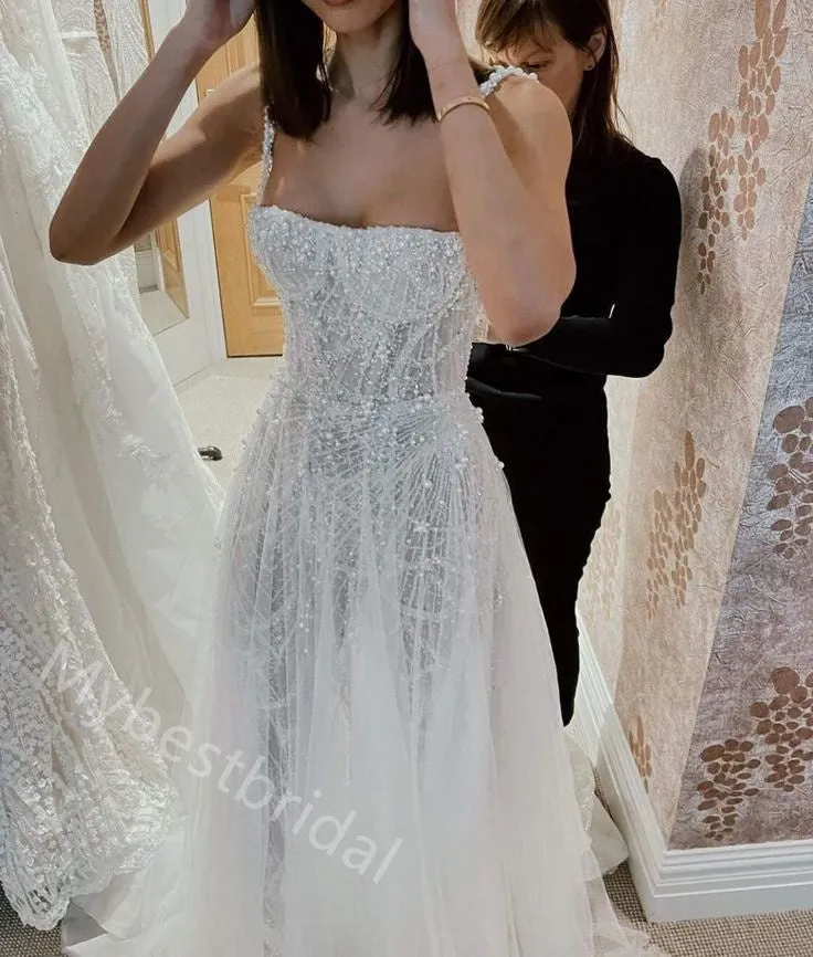Sparkly Pearl  Square Sleeveless A-line  Wedding Dresses, WDY0340