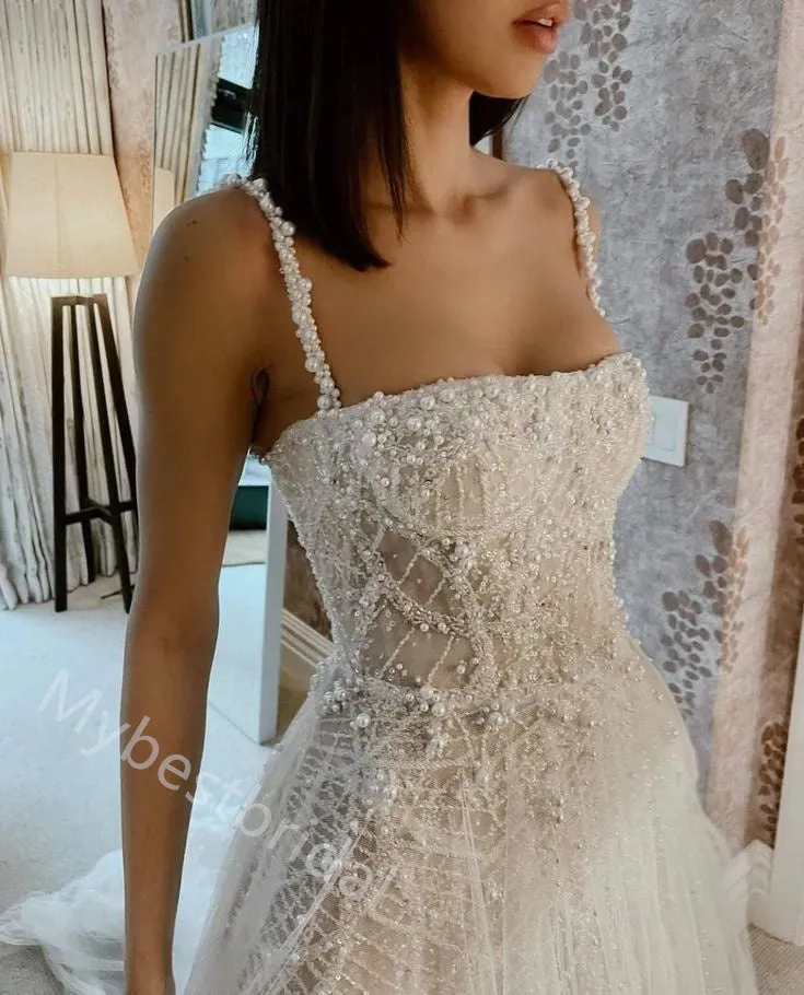 Sparkly Pearl  Square Sleeveless A-line  Wedding Dresses, WDY0340