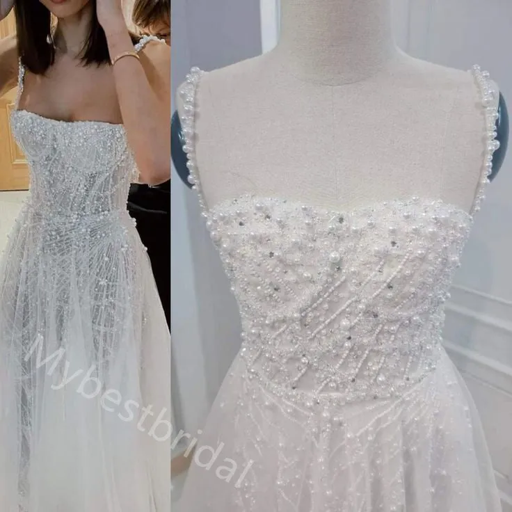Sparkly Pearl  Square Sleeveless A-line  Wedding Dresses, WDY0340