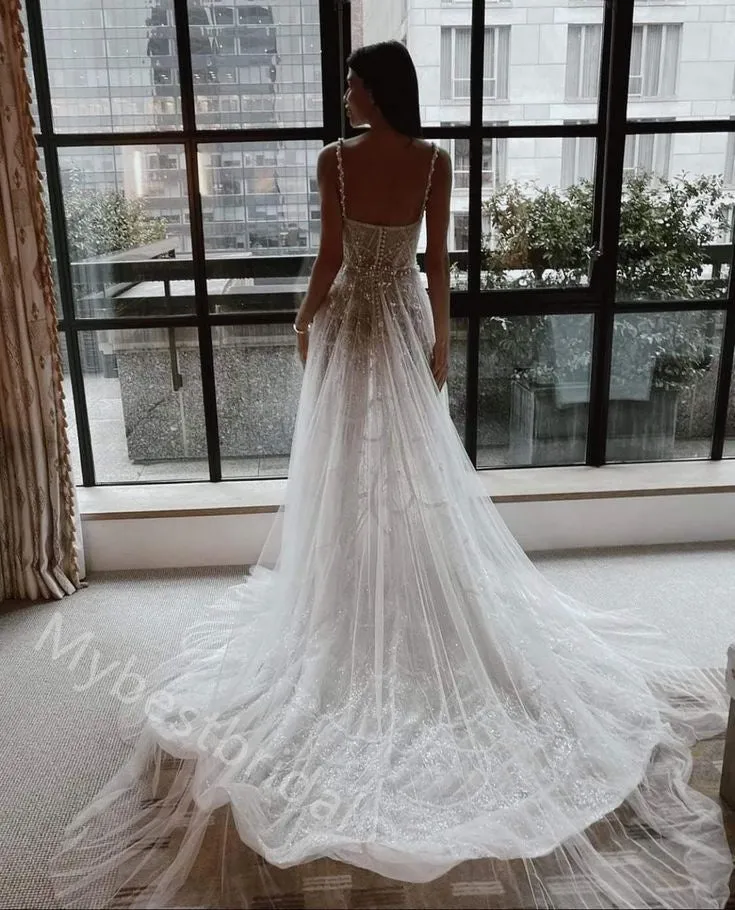 Sparkly Pearl  Square Sleeveless A-line  Wedding Dresses, WDY0340