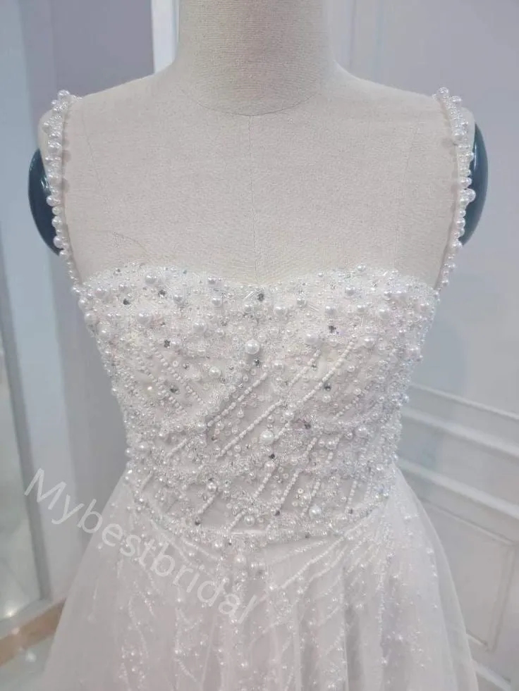 Sparkly Pearl  Square Sleeveless A-line  Wedding Dresses, WDY0340