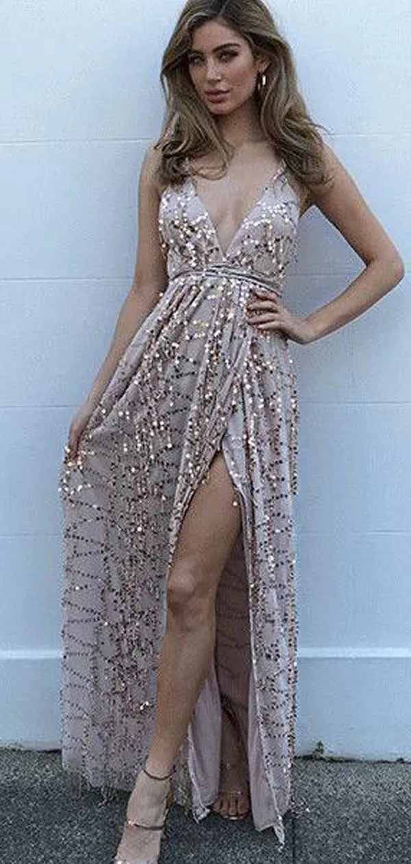 Sparkly Sexy V-neck Sequin Side Slit Long Cheap Prom Dresses, TYP1429