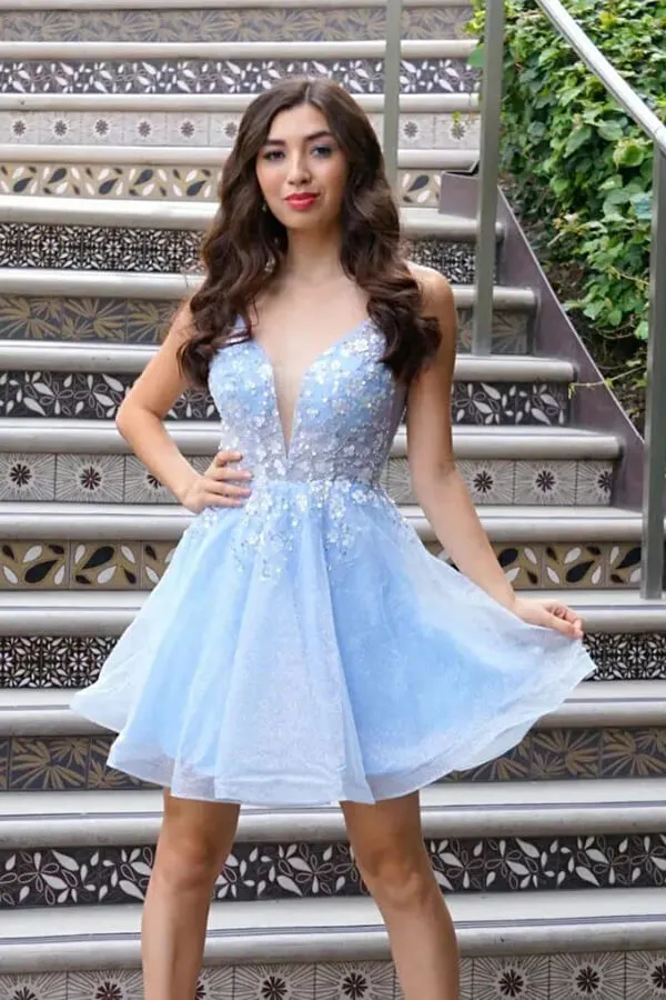 Sparkly Sky Blue Tulle A-line V-neck Homecoming Dresses With Flowers, MH547