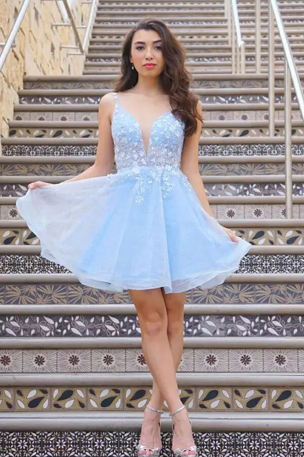 Sparkly Sky Blue Tulle A-line V-neck Homecoming Dresses With Flowers, MH547