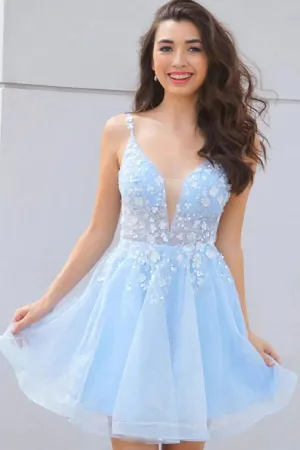 Sparkly Sky Blue Tulle A-line V-neck Homecoming Dresses With Flowers, MH547
