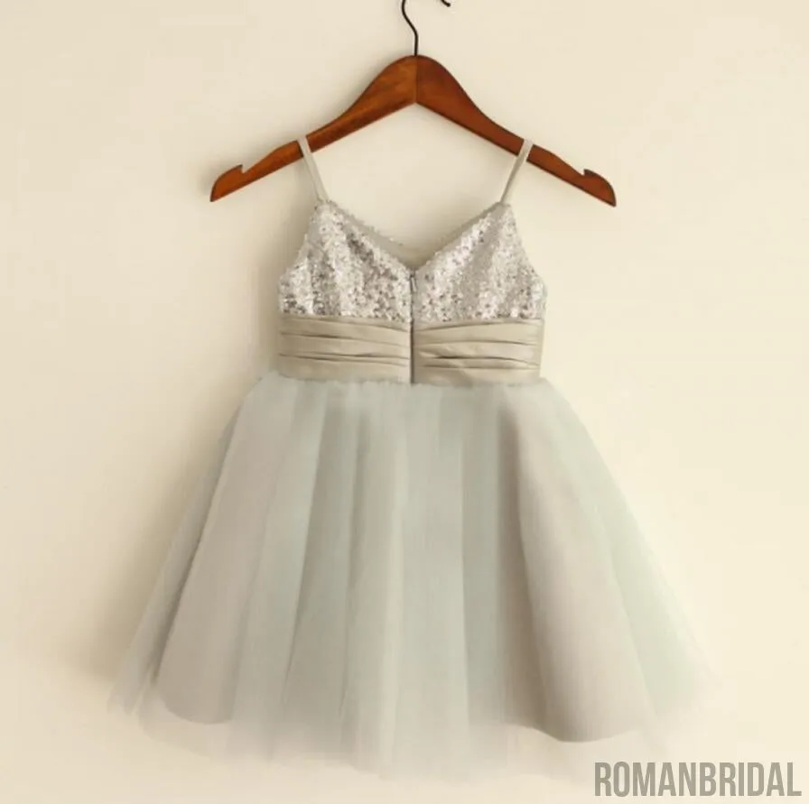 Sparkly Spaghetti Strap V- Neck Light Gray Tulle Flower Girl Dresses With Handmade Flower Sash, FGS027
