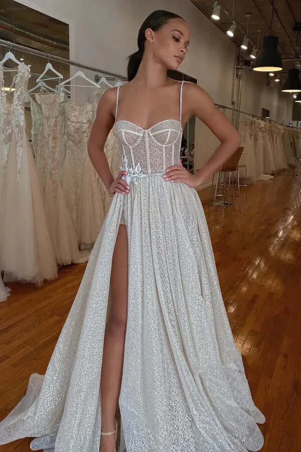 Sparkly Tulle A Line Corset Bodice Sweetheart Neck Wedding Dresses, MW1095