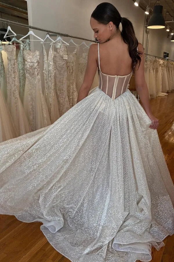 Sparkly Tulle A Line Corset Bodice Sweetheart Neck Wedding Dresses, MW1095