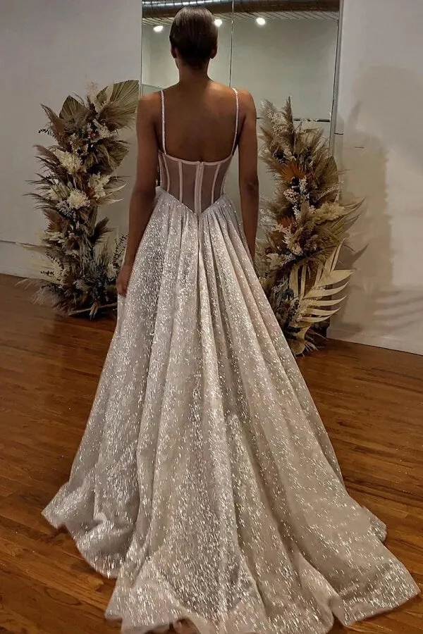 Sparkly Tulle A Line Corset Bodice Sweetheart Neck Wedding Dresses, MW1095