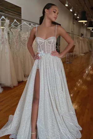 Sparkly Tulle A Line Corset Bodice Sweetheart Neck Wedding Dresses, MW1095