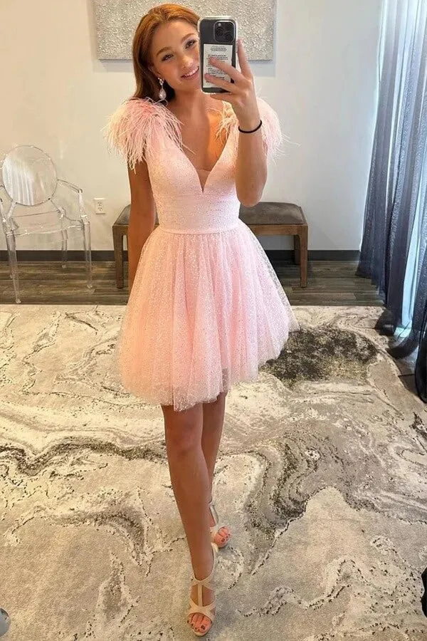 Sparkly Tulle Pink A-line V-neck Homecoming Dresses With Feathers, MH665