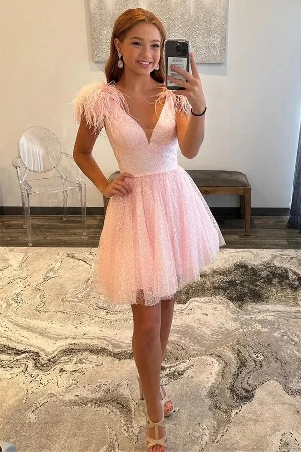 Sparkly Tulle Pink A-line V-neck Homecoming Dresses With Feathers, MH665