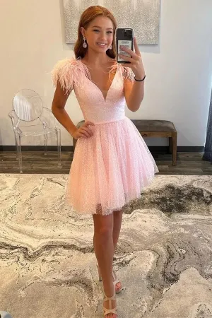 Sparkly Tulle Pink A-line V-neck Homecoming Dresses With Feathers, MH665