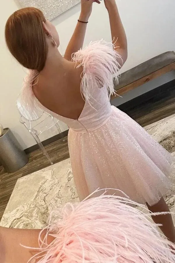 Sparkly Tulle Pink A-line V-neck Homecoming Dresses With Feathers, MH665