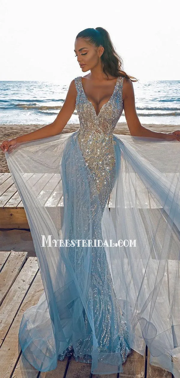 Sparkly V-neck Mermaid Two-piece Tulle Beads Prom Dresses PDS0307