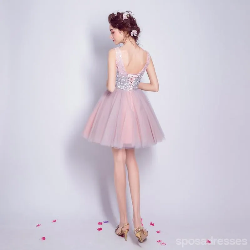 Sparkly V Neck Sequin Cute Short Pink Homecoming Dresses 2018, CM510