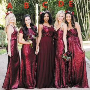 sparkly wedding party dresses long mismatched Burgundy cheap bridesmaid dresses vestidos de novia