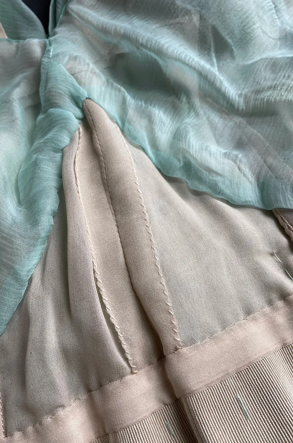 Spring 1976 Chanel Haute Couture Pale Turquoise Silk Chiffon Dress w PinTuck Gathered Front