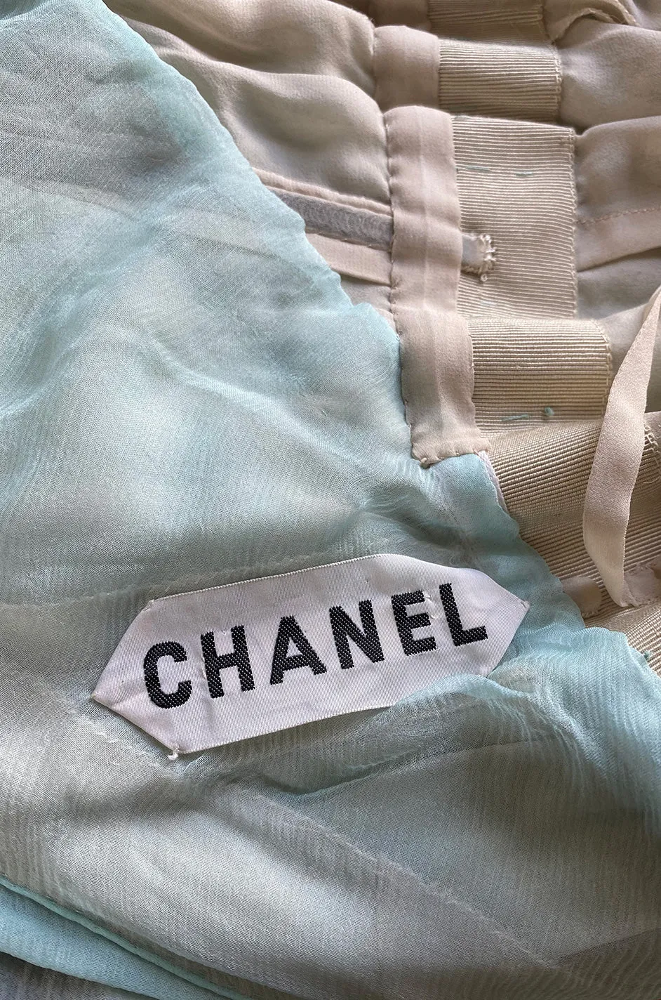 Spring 1976 Chanel Haute Couture Pale Turquoise Silk Chiffon Dress w PinTuck Gathered Front