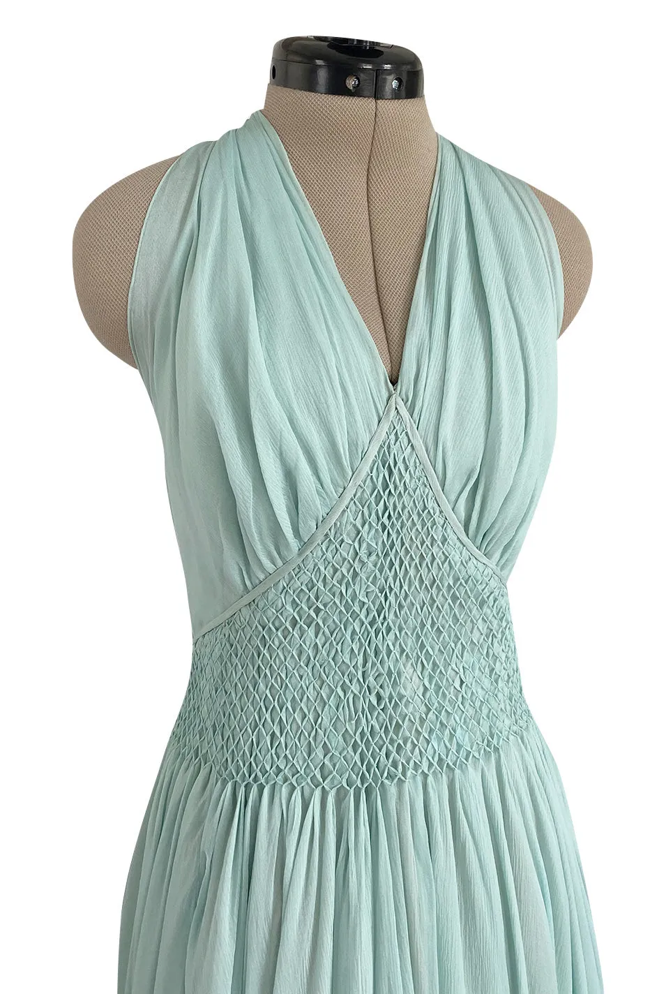Spring 1976 Chanel Haute Couture Pale Turquoise Silk Chiffon Dress w PinTuck Gathered Front