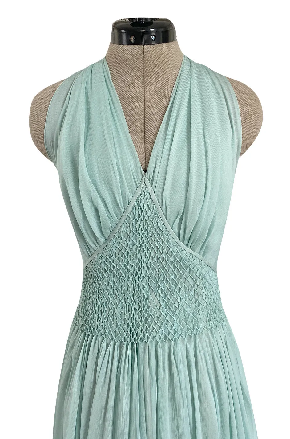 Spring 1976 Chanel Haute Couture Pale Turquoise Silk Chiffon Dress w PinTuck Gathered Front