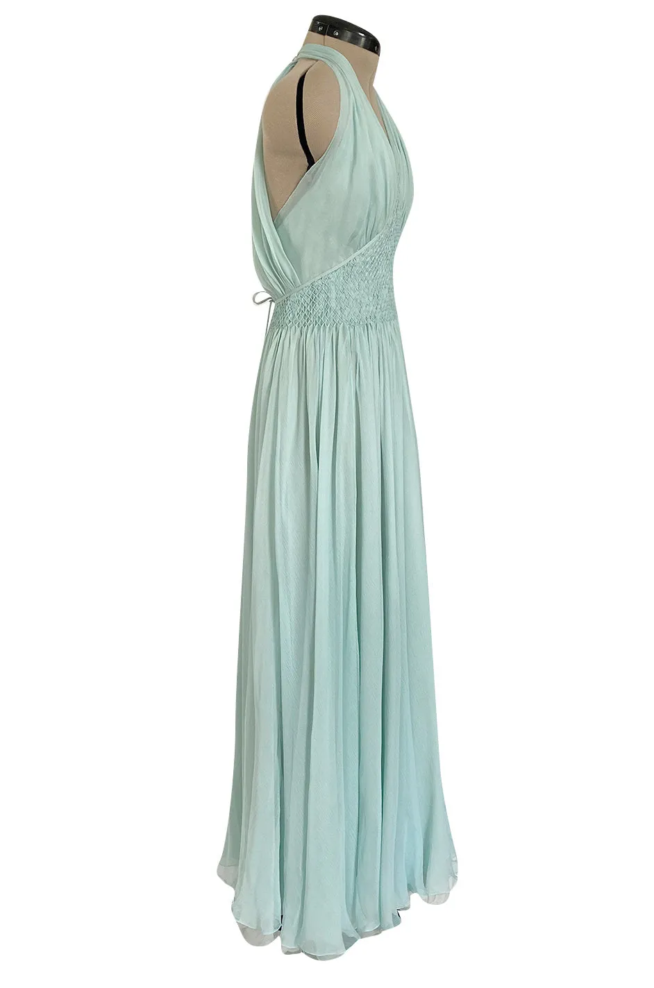 Spring 1976 Chanel Haute Couture Pale Turquoise Silk Chiffon Dress w PinTuck Gathered Front