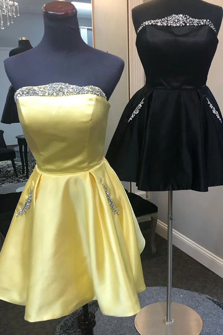 Strapless Crystals Short Satin Homecoming Dress with Pockets