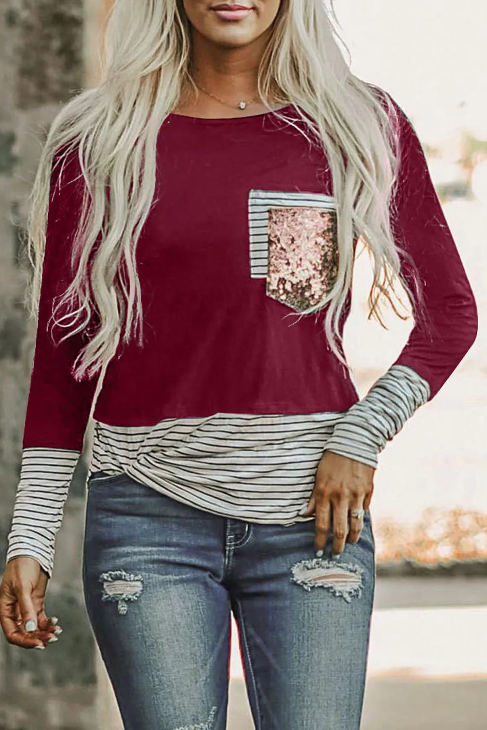 Stripe Pocket Sequins Splicing Long Sleeve O-neck Top