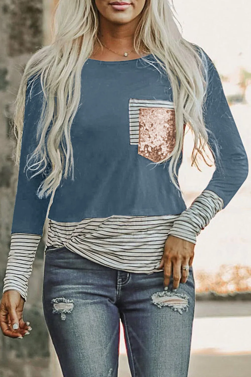 Stripe Pocket Sequins Splicing Long Sleeve O-neck Top