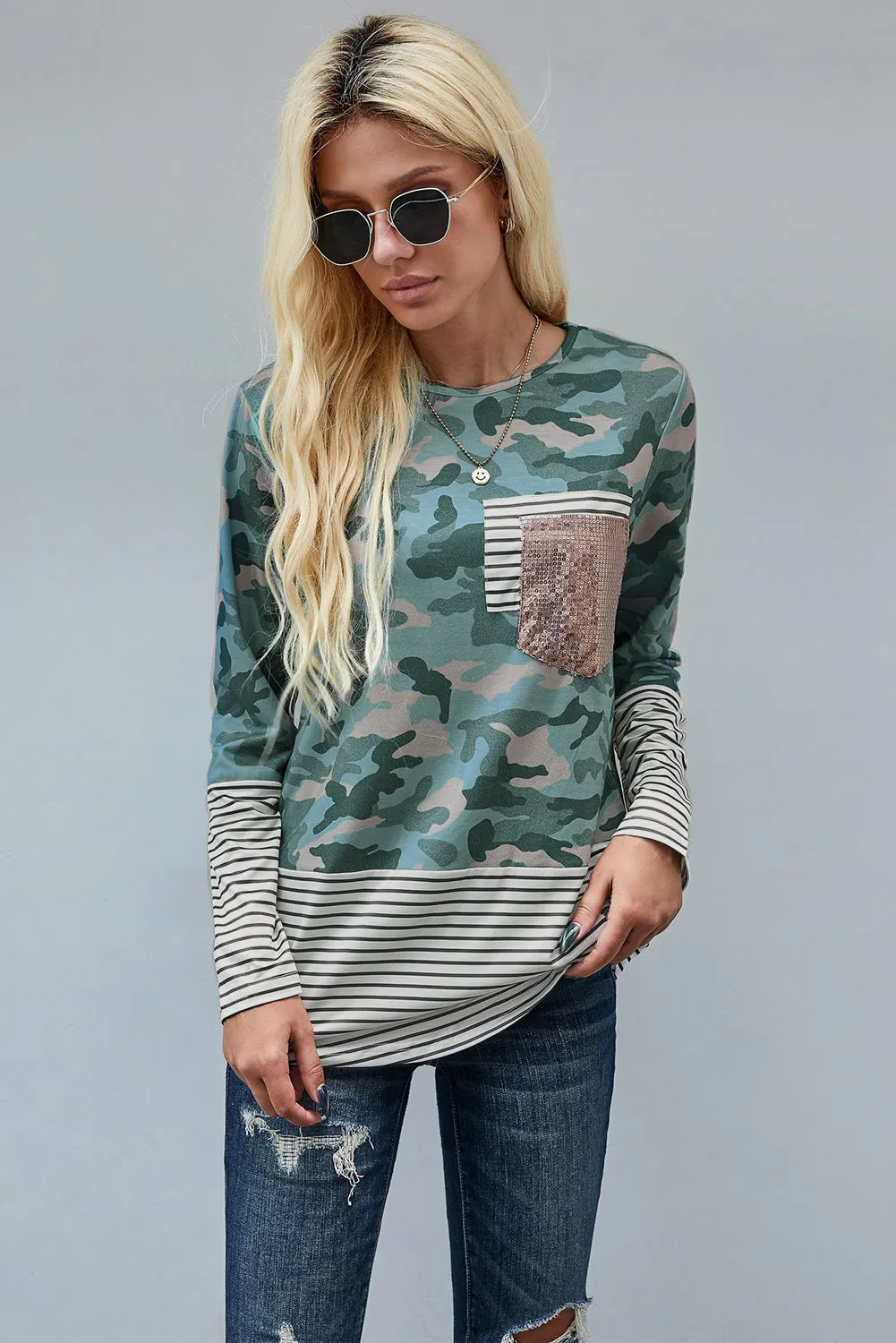 Stripe Pocket Sequins Splicing Long Sleeve O-neck Top
