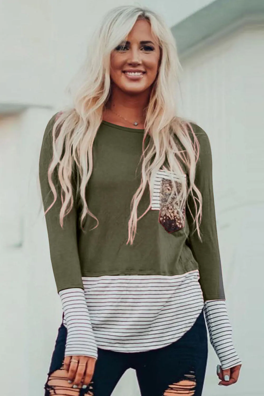 Stripe Pocket Sequins Splicing Long Sleeve O-neck Top