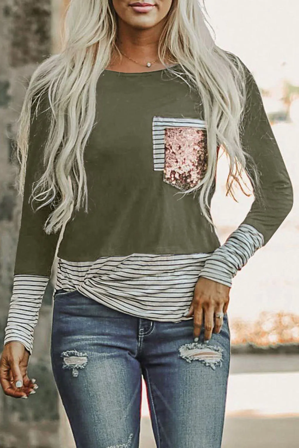 Stripe Pocket Sequins Splicing Long Sleeve O-neck Top
