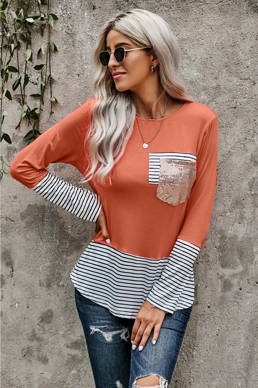 Stripe Pocket Sequins Splicing Long Sleeve O-neck Top