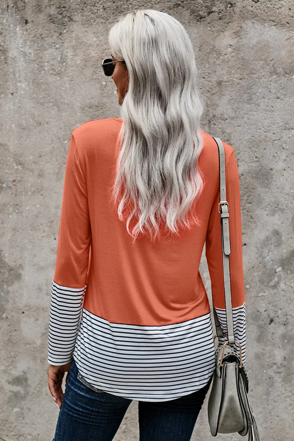Stripe Pocket Sequins Splicing Long Sleeve O-neck Top