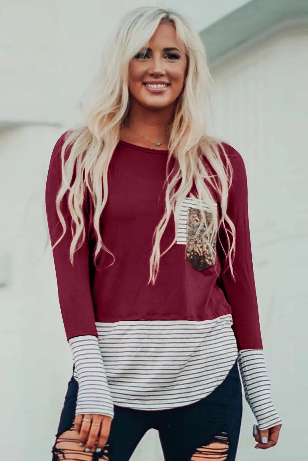 Stripe Pocket Sequins Splicing Long Sleeve O-neck Top