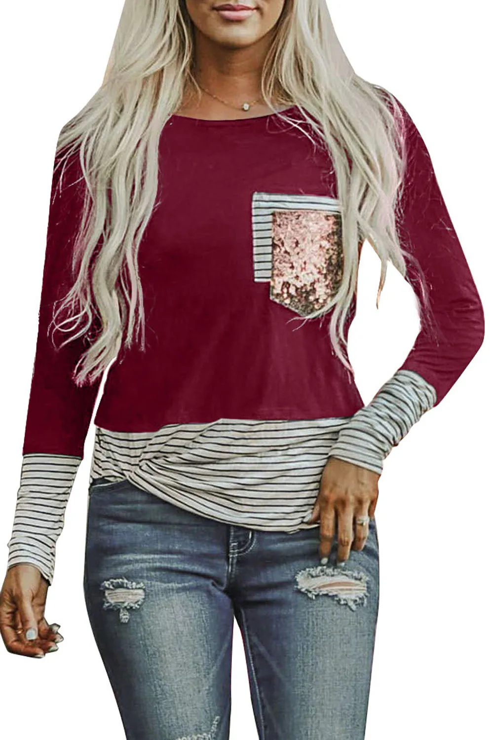 Stripe Pocket Sequins Splicing Long Sleeve O-neck Top