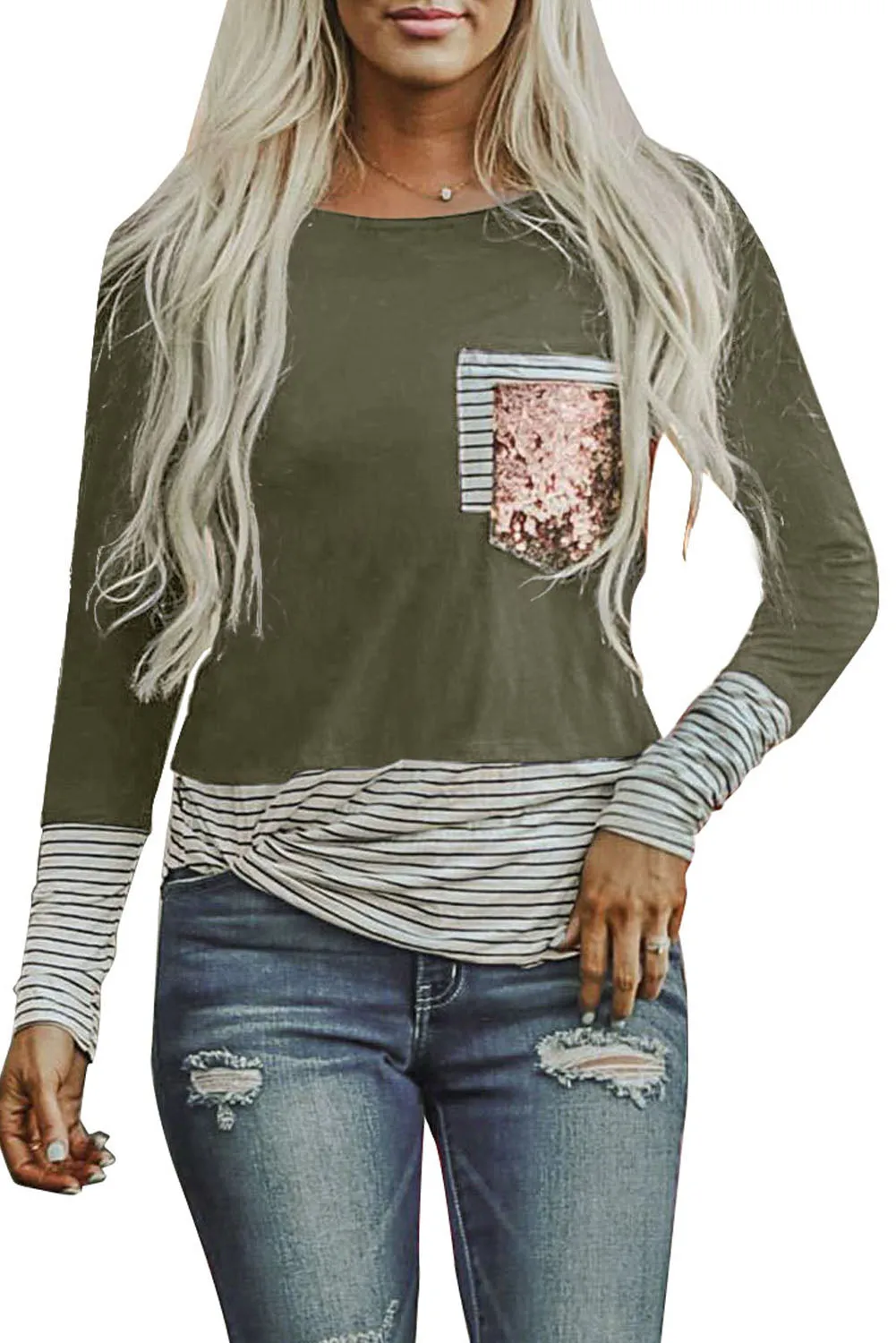 Stripe Pocket Sequins Splicing Long Sleeve O-neck Top