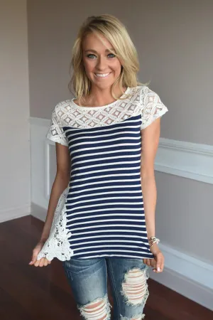 Stripes & Lace Top ~ Navy
